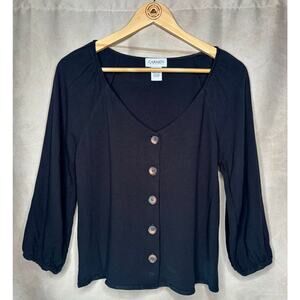 Carmen Marc Valvo Black Button Front Blouse Size Small